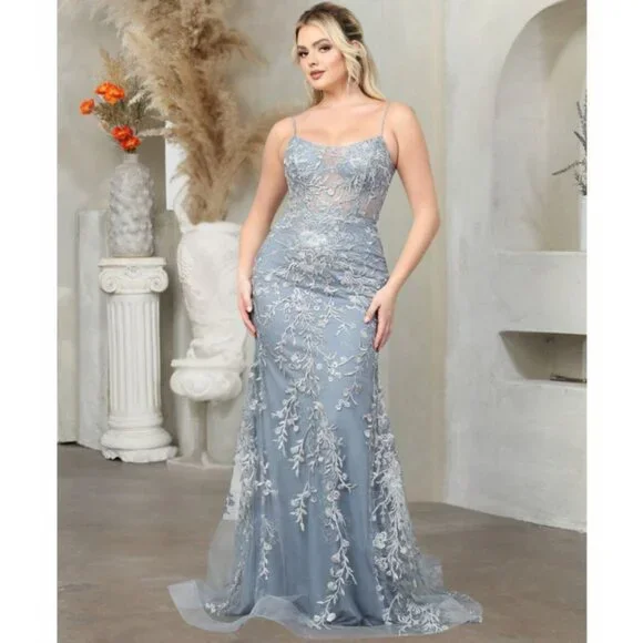 Dusty Blue Evening Long Scoop Neck Sleeveless Sheath Dress By Royal Queen  RQ8046